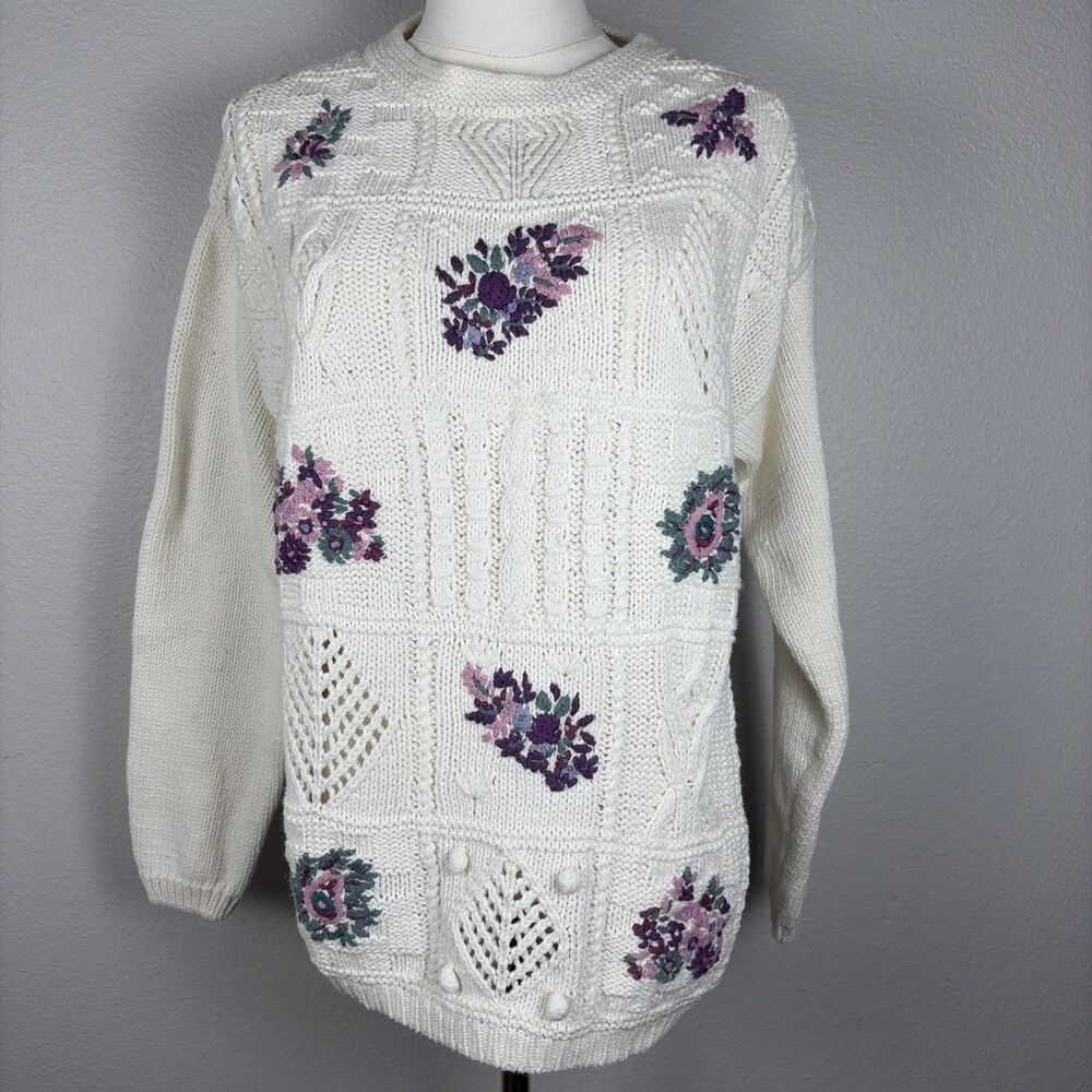 Vtg 90s Patchwork Floral Sweater Medium Embroidery Cottagecore Grannycore